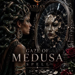 Può includere: Un'opera d'arte digitale intitolata A'DEA'S ALCHEMY GAZE OF MEDUSA SPELL che raffigura una figura con serpenti al posto dei capelli che guarda in uno specchio ovale ornato. Lo specchio mostra un riflesso incrinato simile a una maschera. Rose rosse.