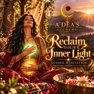 May include: A digital graphic for A'Dea's Alchemy Guided Meditation featuring a person in red robes with glowing light at their chest and stomach. Above, a golden crescent moon and red rose icon. Text reads: A'Dea's Alchemy Reclaim Your Inner Light.
