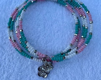 Bracelet: Mint Green, Pink, & White with Silver Memory Wire Beaded Bracelet