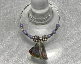 Wine Charms: Rainbow Crystal Heart Wine Charms with Different Colored Seed Beads and Silver Beads on Silver Wires