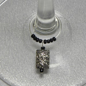 8 Wine Charms: 8 Rectangular Flower Printed Silver Wine Charms with Multi-colored Seed Beads