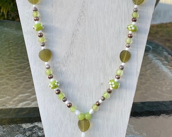 Lanyard~ Green Leaf Beads with White and Brown Accent Beads on Wire with a Silver Key Ring and Clip