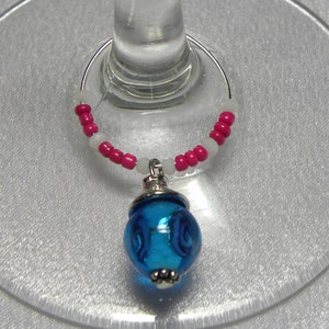 6 Wine Charms: Blue Lamp Work Charms with Flowers