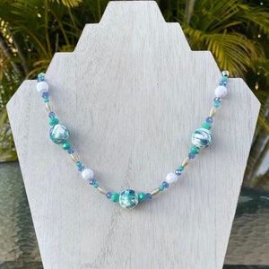 Necklace: Pastel Turquoise, White, Blue, and Silver Beaded Necklace