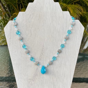 Necklace: Aqua Blue, Silver, and Frosted White Beaded Necklace with Nickel Free Magnetic Clasp