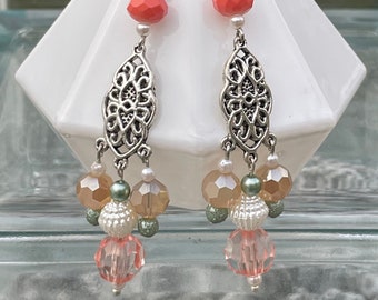 Earrings: Peach, Coral, Sage, Cream, and Silver Long Drop Earrings