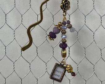 Bookmark: Gold Zig-Zag Bookmark with Gold, Antiqued Gold, and Purple Beaded Dangles with an Antiqued Gold Photo Frame