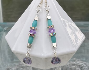 Earrings: Long Drop Turquoise, Silver, and Lavender Earrings