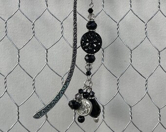 Bookmark: Silver with Antiqued Scroll Work Etched and a Light Green, White, and Silver Beaded Charm with Light Green Beaded Dangles
