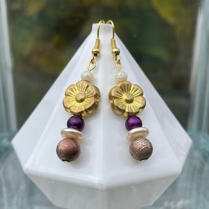 Earrings: Purple, Cream, Gold, and Brown Drop Earrings