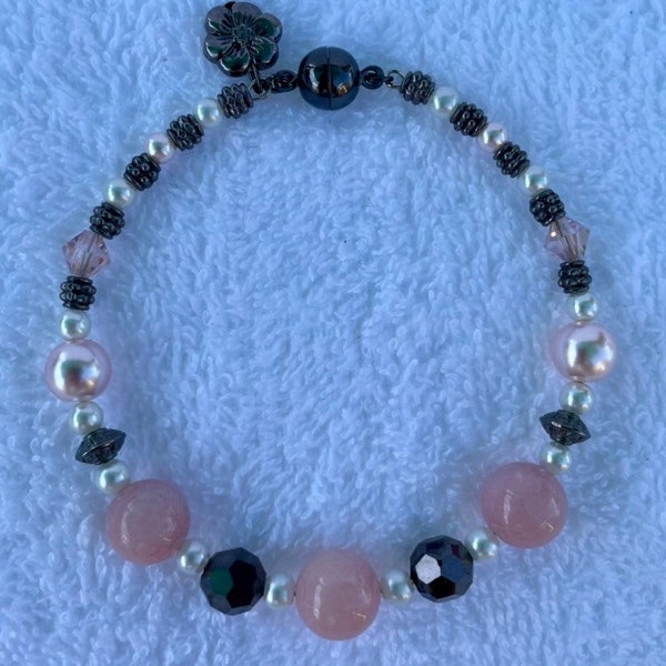 Bracelet: Peachy Pink, Black, & White Silver, Beaded Bangle Bracelet with Black Magnetic Clasp