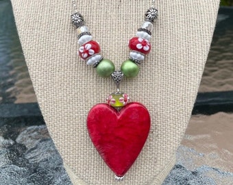 Necklace: Light Pink, Red, White, Green, Clear, & Silver Beaded Heart Pendant Necklace on Unique Silver Chain with Lobster Claw Closure