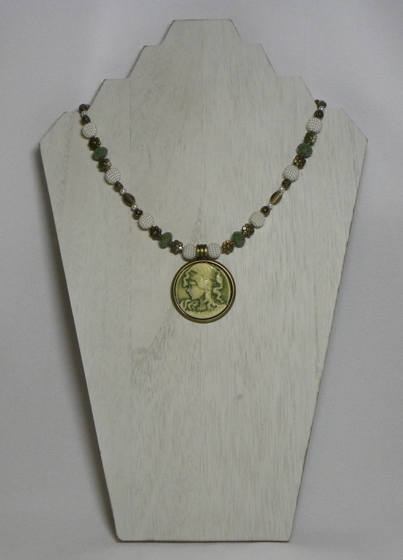 Necklace Antiqued Gold 18 inch Olive Green and Cream Cameo Pendant Necklace with Sage Green and Pearly Cream Beads