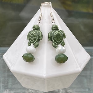Earrings: Sage Green Turtle Beads with White and Sage Beads