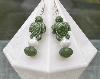 Earrings: Sage Green Turtle Beads with White and Sage Beads