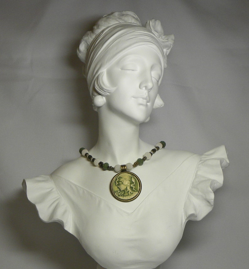 Necklace Antiqued Gold 18 inch Olive Green and Cream Cameo Pendant Necklace with Sage Green and Pearly Cream Beads