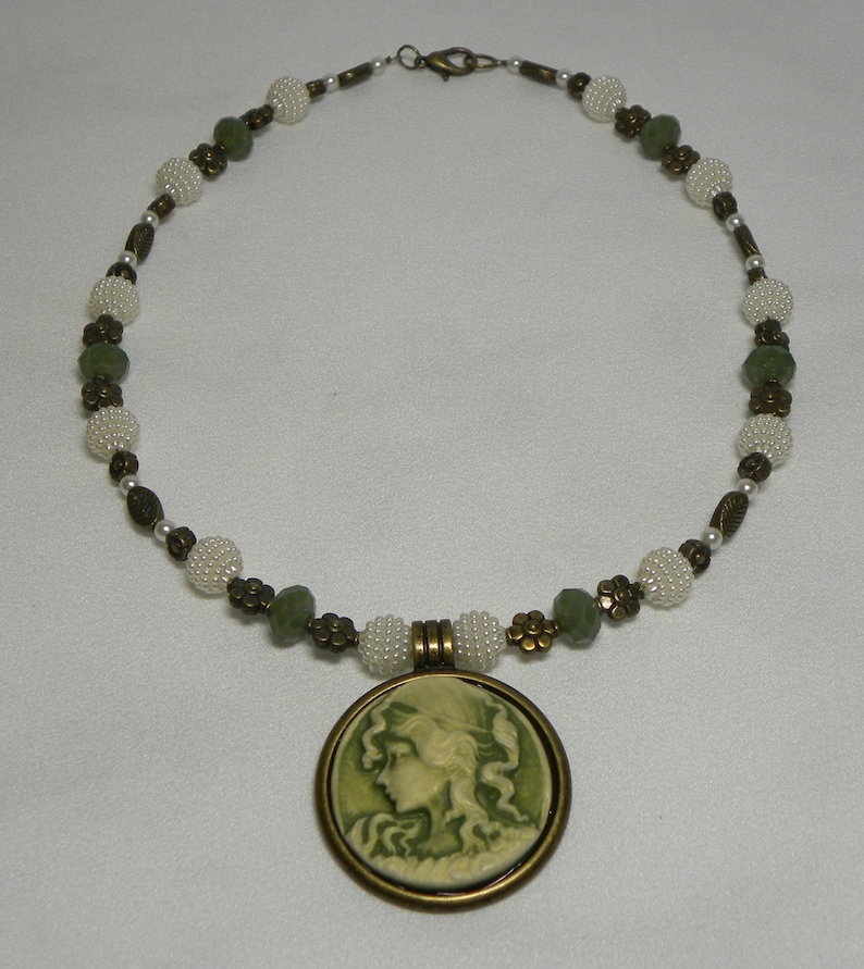 Necklace Antiqued Gold 18 inch Olive Green and Cream Cameo Pendant Necklace with Sage Green and Pearly Cream Beads