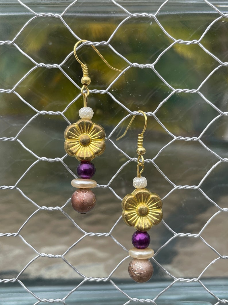 Earrings: Purple, Cream, Gold, and Brown Drop Earrings image 5
