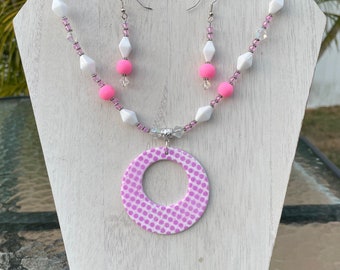 Necklace and Earrings: Sugar Pink, Purple, White, and silver Reversable Necklace with Matching Earrings