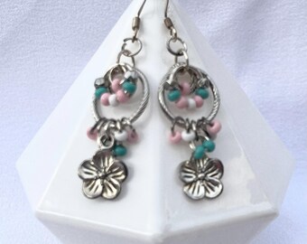 Earrings: Pastel Pink, Turquoise, White & Silver Flower and Hoops Drop Earrings