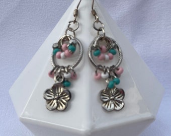 Earrings: Pastel Pink, Turquoise, White & Silver Flower and Hoops Drop Earrings