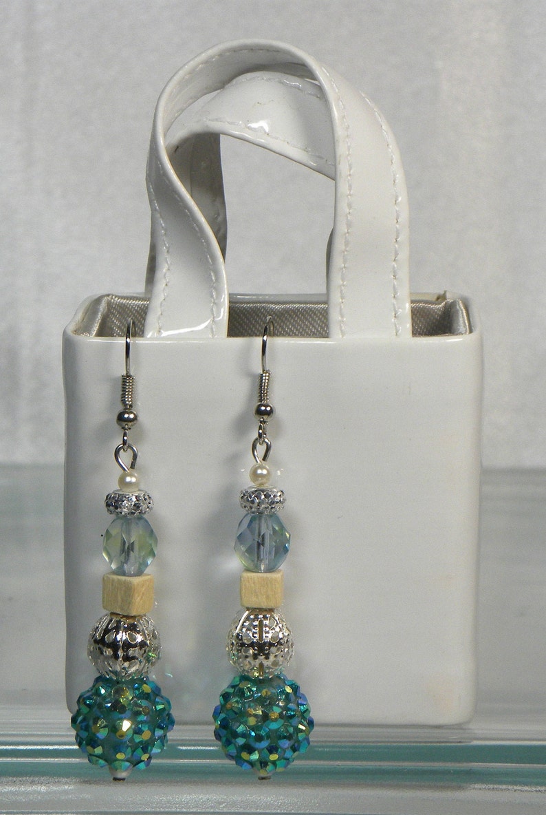 Sand Earrings and Silver Beads Beachy Colors with Sparkling Green Blue