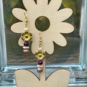 Earrings: Purple, Cream, Gold, and Brown Drop Earrings image 4