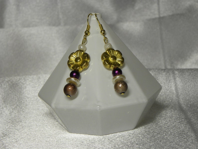 Earrings: Purple, Cream, Gold, and Brown Drop Earrings image 7