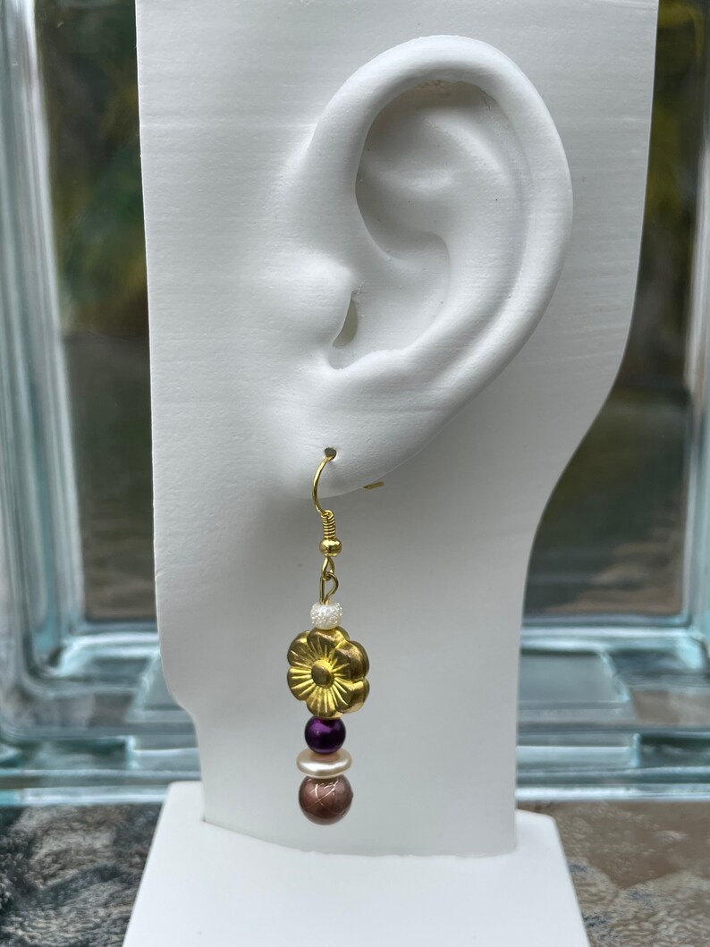 Earrings: Purple, Cream, Gold, and Brown Drop Earrings image 2