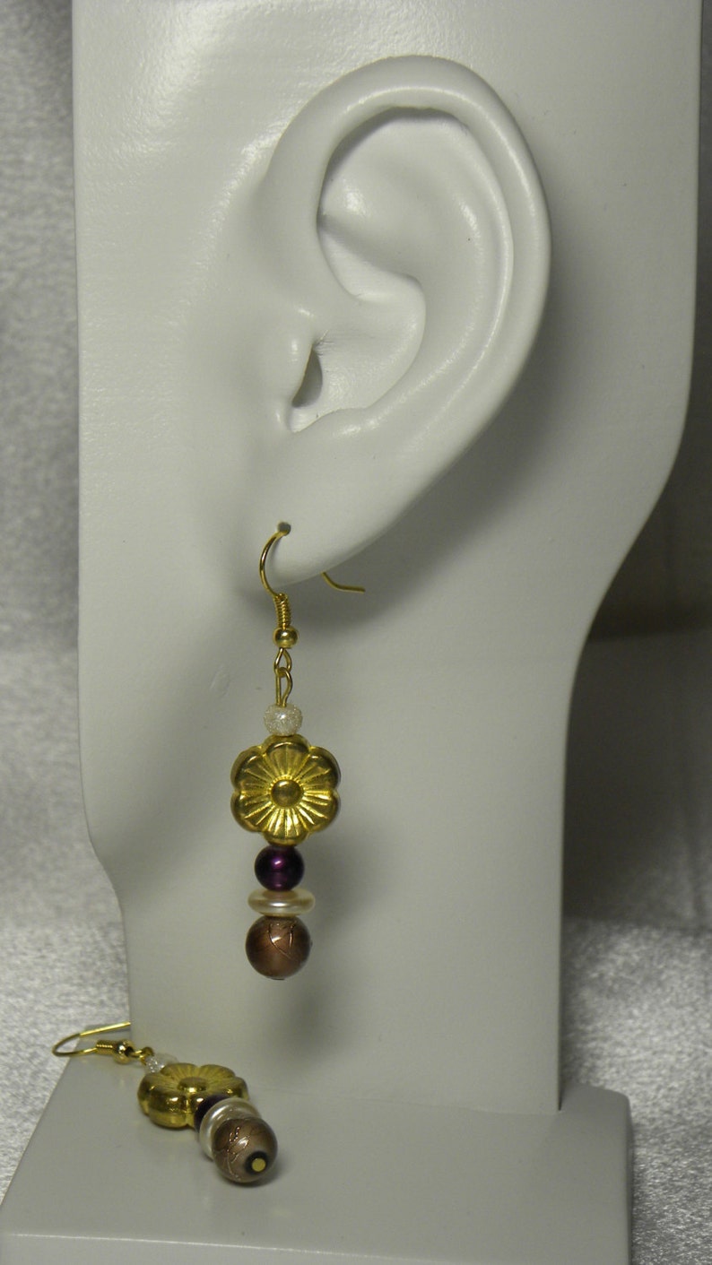 Earrings: Purple, Cream, Gold, and Brown Drop Earrings image 6