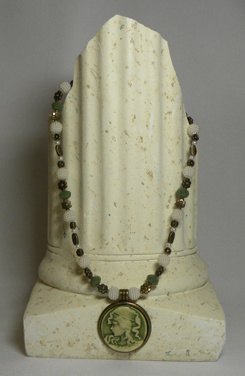 Necklace Antiqued Gold 18 inch Olive Green and Cream Cameo Pendant Necklace with Sage Green and Pearly Cream Beads