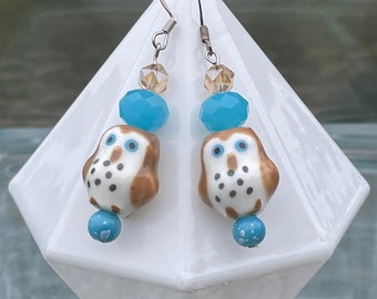 Earrings: Light Brown, Turquoise Blue, Black, and White Owl Earrings