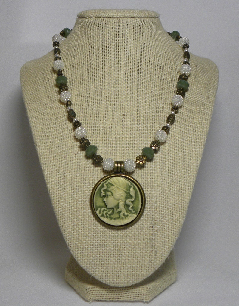 Necklace Antiqued Gold 18 inch Olive Green and Cream Cameo Pendant Necklace with Sage Green and Pearly Cream Beads