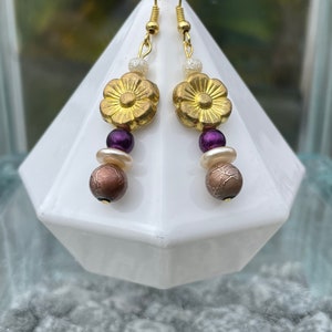 Earrings: Purple, Cream, Gold, and Brown Drop Earrings image 1