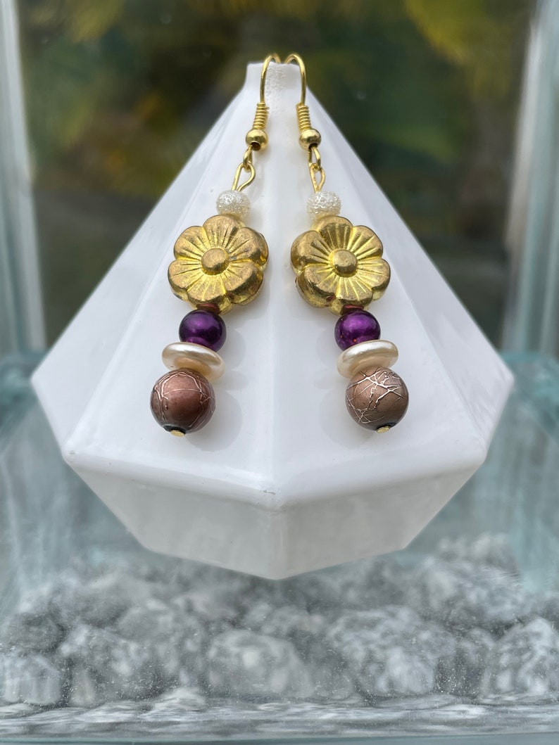 Earrings: Purple, Cream, Gold, and Brown Drop Earrings image 1