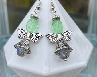 Angel Earrings: Light Green Crystal, Antiqued Silver Wings