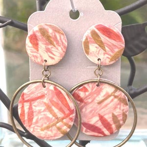 Earrings: Cream and Brown Polymer Clay Studs with Matching Drop Pieces with Green & Red Pigment Powdered Leaves and Antiqued Gold Accents