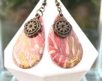 Earrings: Cream and Brown Polymer Clay Drop Pieces with Green & Red Pigment Powdered Leaves and Antiqued Gold Accents