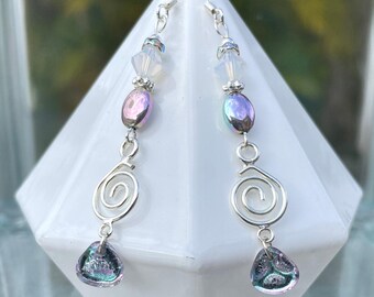 Earrings: Pastel Rainbow, White, and Bright Silver Long Dangle Earrings