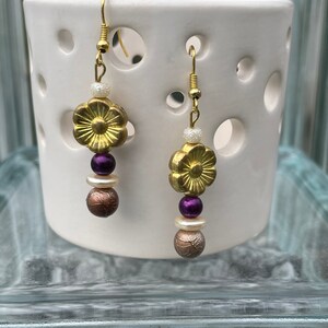 Earrings: Purple, Cream, Gold, and Brown Drop Earrings image 3