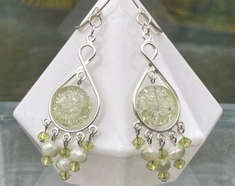 Earrings: Pale Lime, White, and Silver Dangle/Drop Lever Back Earrings