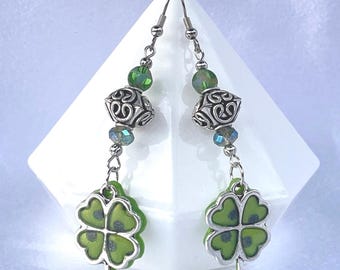 Lime Green Clover Drop Earrings: Silver & Holographic Clay
