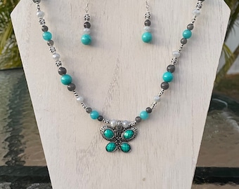 Turquoise Butterfly Pendant Necklace and Earrings Set