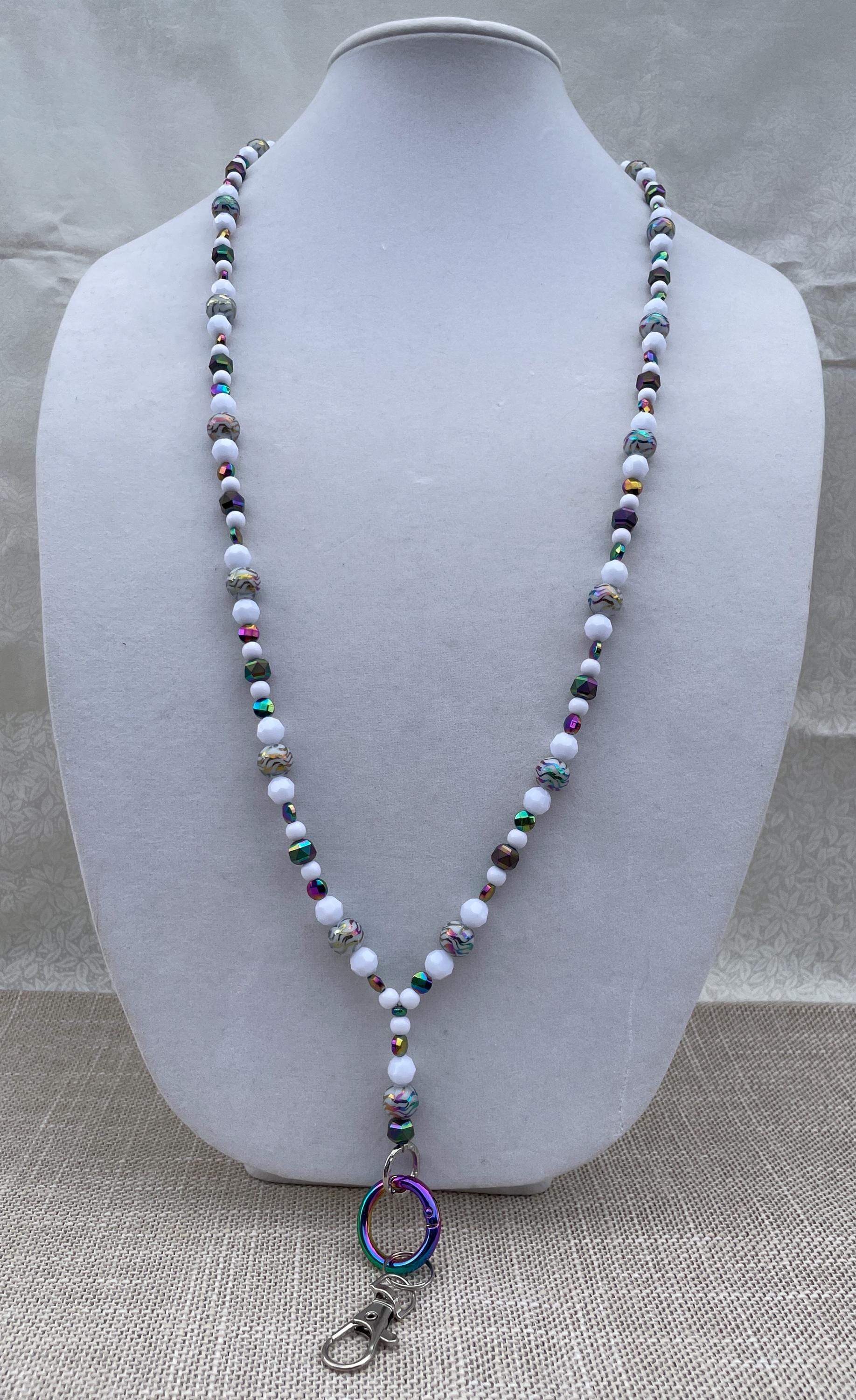 Beaded Lanyard: Shiny Black Rainbow and White with Silver Magnetic Clasp