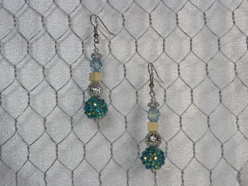 Sand Earrings and Silver Beads Beachy Colors with Sparkling Green Blue