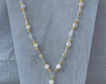 Lanyard: Dainty Beaded Daisy Yellow, White, Clear, and Gold Lanyard for Badges, Keys, Etc. with Gold Metal Loop/Magnetic Breakaway Clasp