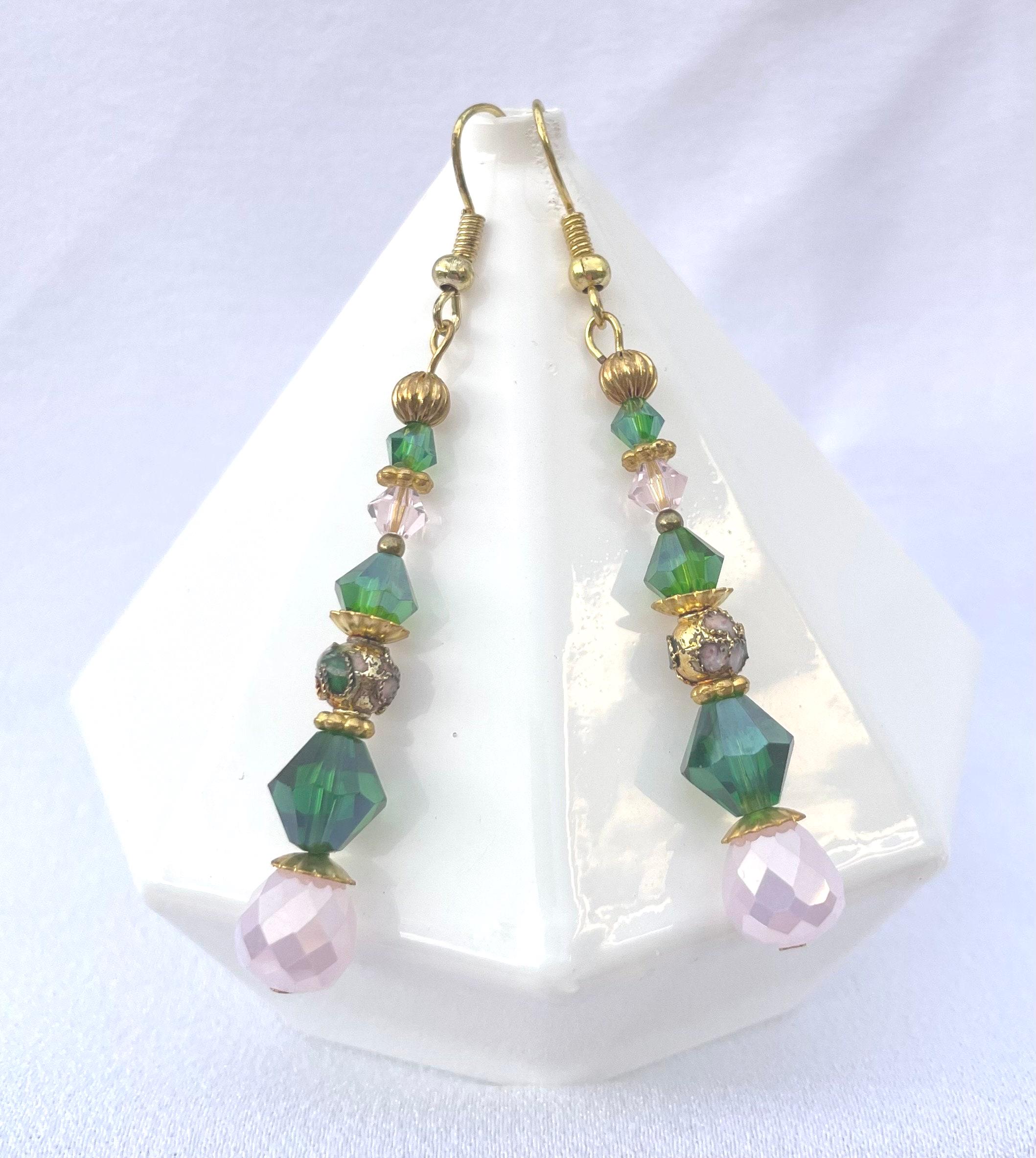 Earrings:  Gold, Pink, & Green Cloisonne Beads with Gold, Green, and Pink Accent Beads