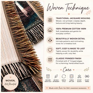 May include: A woven textile with fringed edges and a multi-colored pattern. The image includes text detailing a woven technique, including traditional jacquard weaving, 100% premium cotton yarn, and a classic 2-inch fringed finish, plus care instructions.
