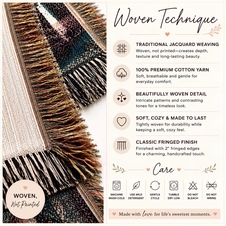 May include: A woven textile with fringed edges and a multi-colored pattern. The image includes text detailing a woven technique, including traditional jacquard weaving, 100% premium cotton yarn, and a classic 2-inch fringed finish, plus care instructions.