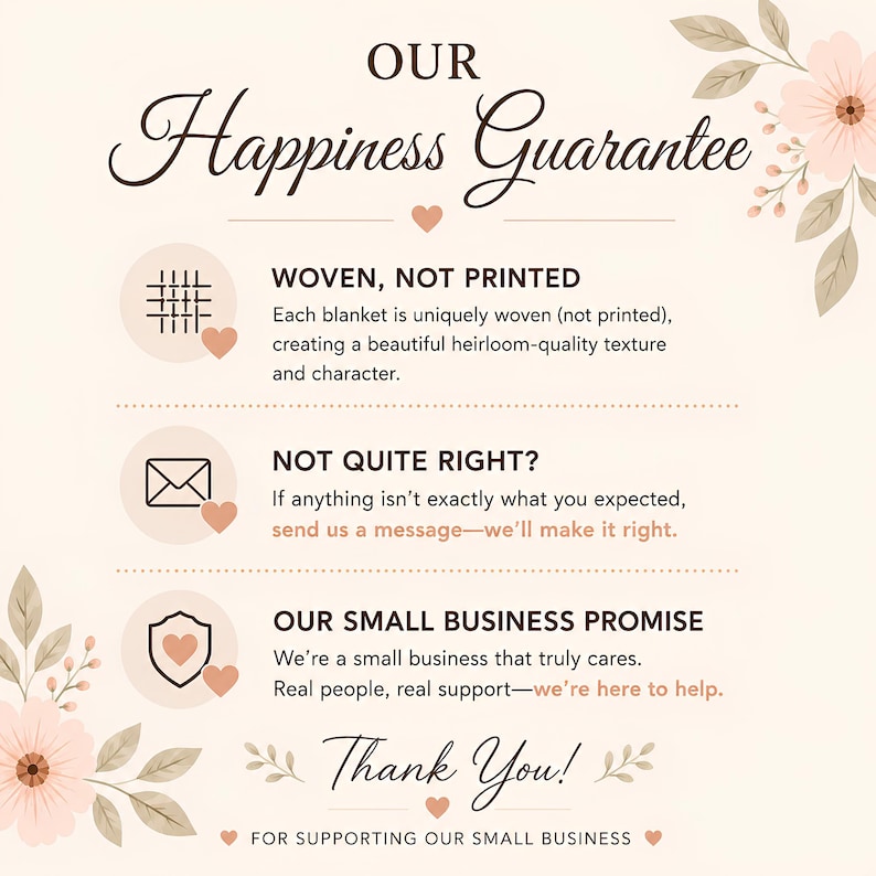 May include: A cream-colored informational graphic titled OUR Happiness Guarantee with floral accents. It lists three points: WOVEN, NOT PRINTED regarding blanket texture, NOT QUITE RIGHT for customer support, and OUR SMALL BUSINESS PROMISE for service.